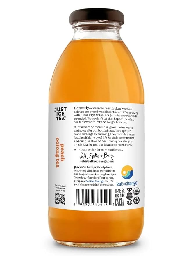 Just Ice Tea Organic Iced Tea 16 Fl Oz Glass Bottles (Peach Oolong Tea Pack of 12)
