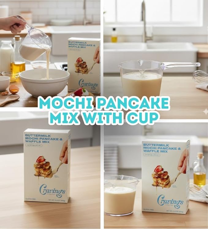 Butter Milk Pancake – 5x Buttermilk Mochi Pancake and Waffle Mix – 14.2OZ Bundle with 1 Cup Plastic Clear Measuring Cup – Rice Flour Blend with Buttermilk for Pancakes and Waffles – Gift Set (6 Items)
