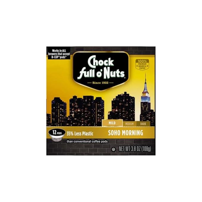 Chock Full o’Nuts Soho Morning Mild Roast K-Cups – Compatible with Keurig Pods K-Cup Brewers (1 Pack of 12 Single-Serve Cups)