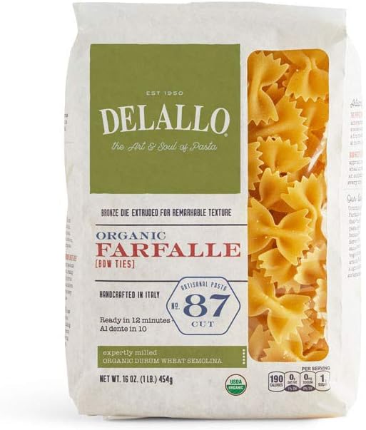 DeLallo Organic Farfalle Pasta Made with Only 100% Semolina Durum Wheat Flour Bronze Cut Made in Italy Kosher Vegan Non-GMO Bow-Tie Pasta Shape (16 Pack)