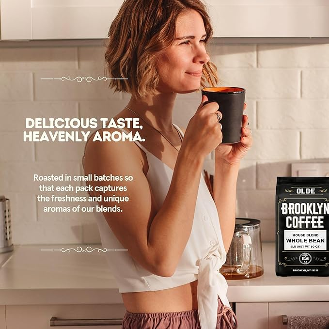 BROOKLYN COFFEE Whole Bean House Blend Medium Roast (5lb) Balanced Breakfast Classic - Fresh Bulk Coffee Beans Roasted Weekly in NYC