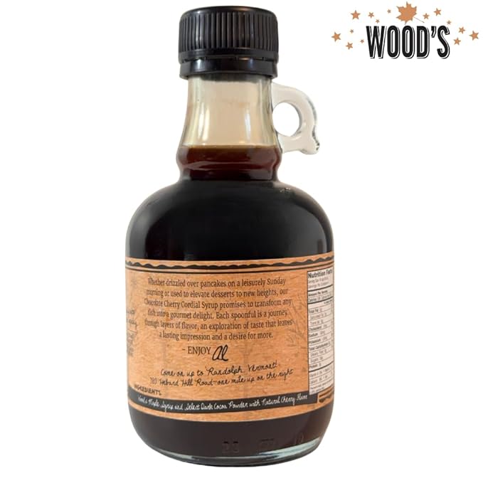 WOOD'S Chocolate Cherry Cordial Infused Maple Syrup – Decadent Vermont Maple Syrup with Dark Cocoa &amp Succulent Cherries | Small-Batch All-Natural Vegan-Friendly Syrup for Breakfast Desserts &am