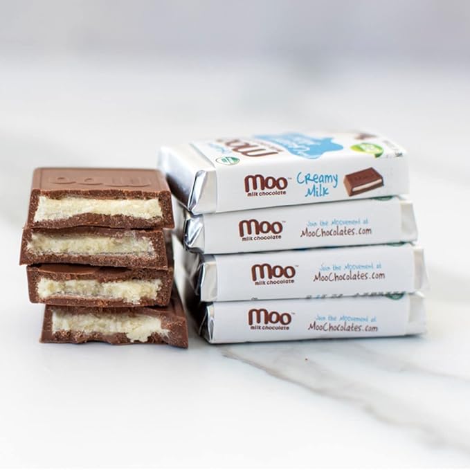 Moo Chocolates Organic Milk Chocolate Mini Bars with Creamy Milk Filling 0.7oz 28 ct (Pack of 2) | USDA Organic Non-GMO | 110 Calorie Snacks for On-the-Go Lunchboxes Office