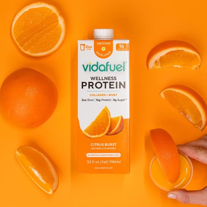 Vidafuel Protein Drink 16g Protein per 2oz Shot 32 fl oz Carton 2 Pack Citrus Collagen and Whey Drink No Artificial Sweeteners
