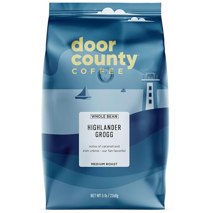 Door County Coffee Highlander Grogg Flavored Coffee Whole Bean - 5 lb Bag - Flavored Ground Medium Roast - 100% Specialty Arabica - Gourmet - Irish Crème &amp Caramel