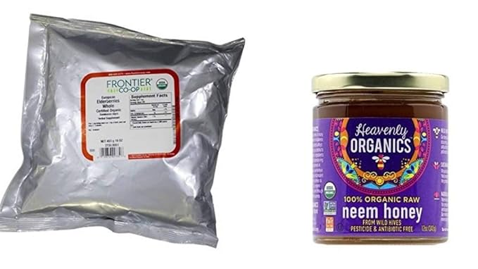 Frontier Elderberries Whole Organic 1 lb and Heavenly Organics 100% Organic Raw Neem Honey (12oz)
