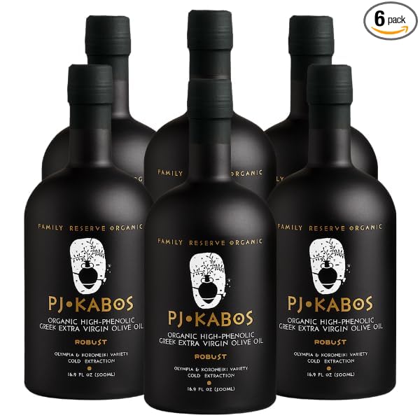 PJ KABOS 2025/26 Fresh Harvest Very High Phenolic (699 mg/kg) USDA Organic Greek Extra Virgin Olive Oil Kosher Greece Cold Extracted 16.9oz Bottle Family Reserve Organic - Robust (6-Pack)