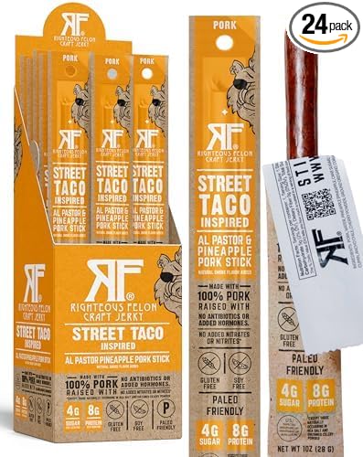 Righteous Felon Meat Sticks | 100% Pasture Raised Pork | 8g Protein per Stick | Keto Gluten-Free Low Sugar High Protein Snack Sticks | Individually Wrapped | Street Taco Pork Sticks 24 Count