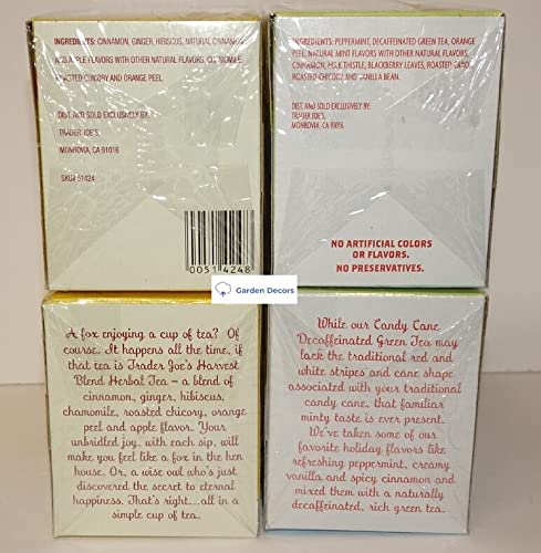 Trader Joe's2 Joe’s Harvest Blend Herbal Tea Caffeine Free &amp Candy Cane Green Tea Decaffeinated 20 Tea Bags (Two Boxes)