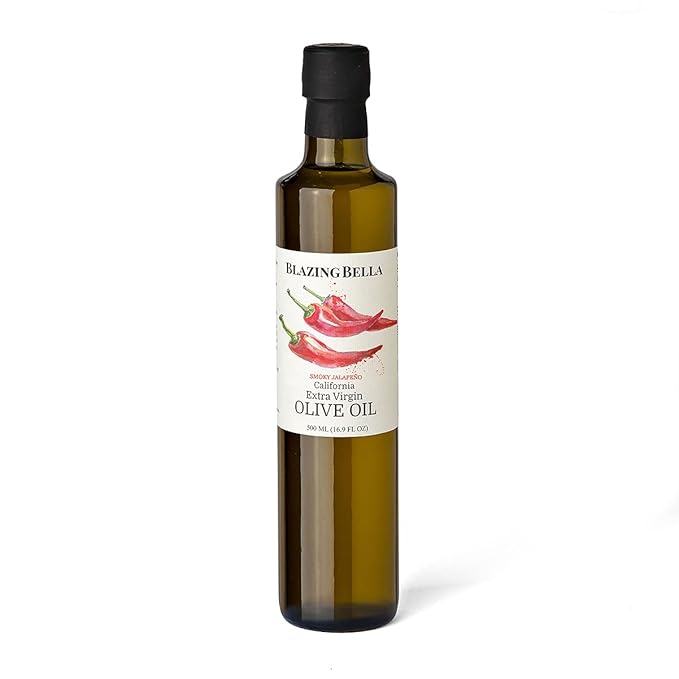 Blazing Bella Smoky Jalapeño Infused Extra Virgin Olive Oil Mild Heat Cold Pressed California EVOO for Breakfast Tacos Potatoes Chicken and Vegetables 500ml