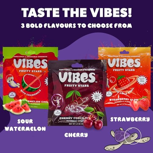 VIBES Sour Watermelon Chill Fruity Stars - Delicious Low Calorie Gluten-Free Bulk Fruit Snacks - High Fiber Healthy Fruit Snacks -2g Sugar - 6 Packs of 18 Fruit Gummies - Snack of the Slopes