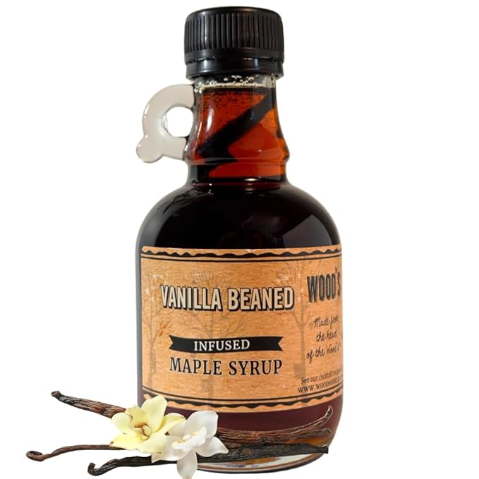 WOOD'S Vanilla Beaned Maple Syrup – Infused Vermont Maple Syrup with Real Vanilla Bean Pod | Smooth Rich All-Natural &amp Vegan Sweetener | Perfect for Breakfast Baking Seafood Popcorn &amp Mor