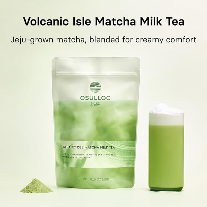 OSULLOC Volcanic Isle Matcha Milk Tea – Premium Jeju Matcha Latte Powder Just Add Water Creamy &amp Smooth Large Pouch (10.6oz 300g)