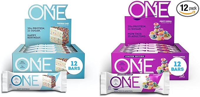 ONE Protein Bars Birthday Cake &amp Fruity Cereal Gluten Free with 20g Protein 1g Sugar 2.12 Oz 12 Count