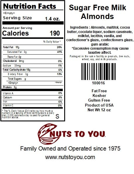 Nuts To You Sugar-Free Milk Chocolate Almonds – 12 oz Resealable Bag No Sugar Added Snack Premium Roasted Almonds Coated in Creamy Milk Chocolate Guilt-Free Treat