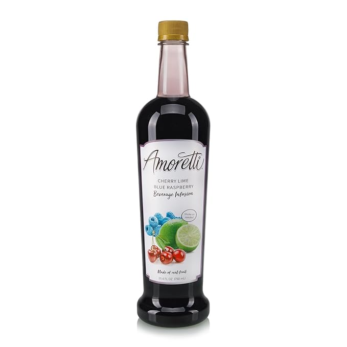 Amoretti - Cherry Lime Blue Raspberry Beverage Infusion Drink Mix &amp Water Enhancer with Pump for Flavoring Cocktails Waters Teas and other Beverages 94 Servings Per Bottle (750 ml)