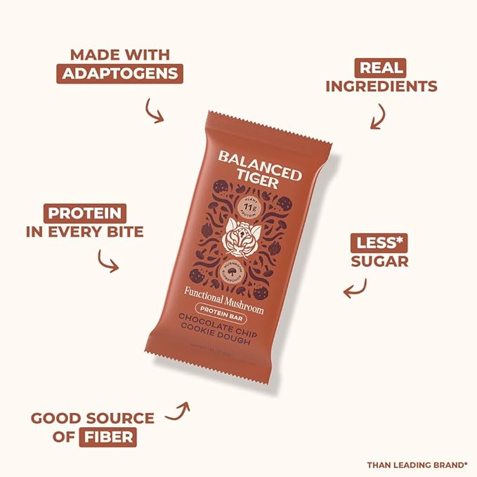 Functional Mushroom Vegan Protein Bars | Made in USA | Full Dose Lions Mane Shitake Reishi &amp Maitake Bars | Plant Protein Bars w/Adaptogens &amp Superfoods | Chocolate Chip Cookie Dough Flavor
