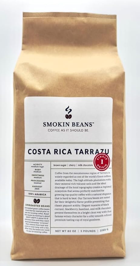 5-Pound Costa Rica Tarrazu Unroasted Green Arabica Coffee Beans Fresh Current Crop Specialty Grade Roast the Beans Yourself at Home on Your Roasting Equipment Prior to Using for Brewing Coffee