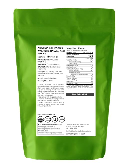 Organic California Walnuts Halves &amp Pieces 1 Pound – Non-GMO Raw Unsalted Shelled Vegan Kosher Sirtfood Bulk Snack. High in Omega-3 Fatty Acids Protein. Great for Baking and as a Topping