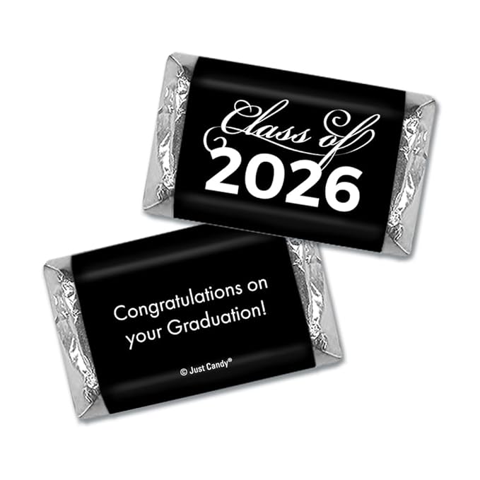 124 Pcs Black Graduation Candy Party Favors Black Wrapped Miniatures and Silver Kisses by Just Candy (1.52 lbs approx. 124 Pcs)