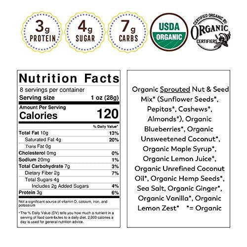 Lark Ellen Farm Grain-Free Granola Certified Organic Raw Sprouted Vegan Clusters Paleo &amp Crunchy Gluten-Free Bites for Cereal or Yogurt Lemon Blueberry 8 oz 6 Pack
