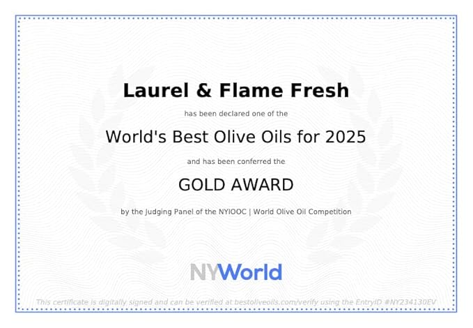 Laurel &amp Flame Fresh - Extra Virgin Olive Oil - Best Greek Olive Oil Award - Cold Pressed - Polyphenol Rich (1212 MG/KG) - USDA-Organic - 90X Hydroxytyrosol Polyphenols - Early Harvest - Single