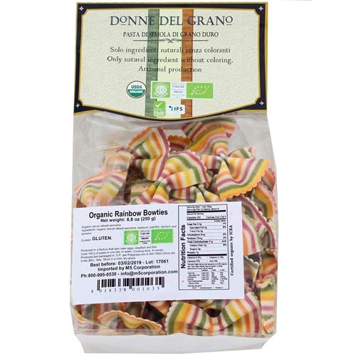 Donne Del Grano Organic Gourmet Italian Vegetable Colored Rainbow Bow Tie Pasta Noodles 8.8 Oz (250 grams) Pack of 2 bags