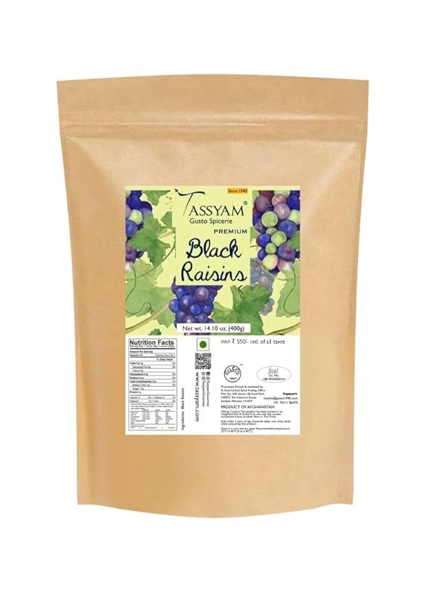Tassyam Premium Hand Picked Black Raisins 400g Pouch | Healthy Natural Dry Fruits Luxury Pack of Kali Draksh Kishmish