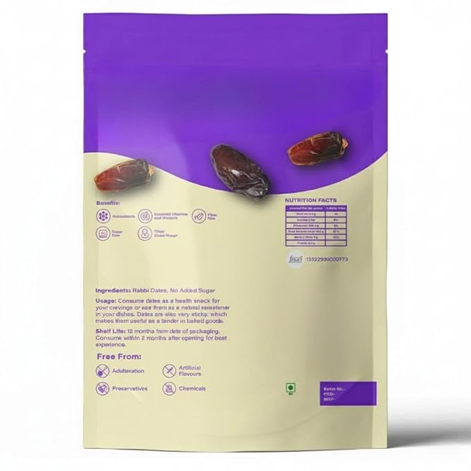 Soft Rabbi Dates Khajur Dry Fruits High in Fibre Energy Booster Healthy Snacks -200 g