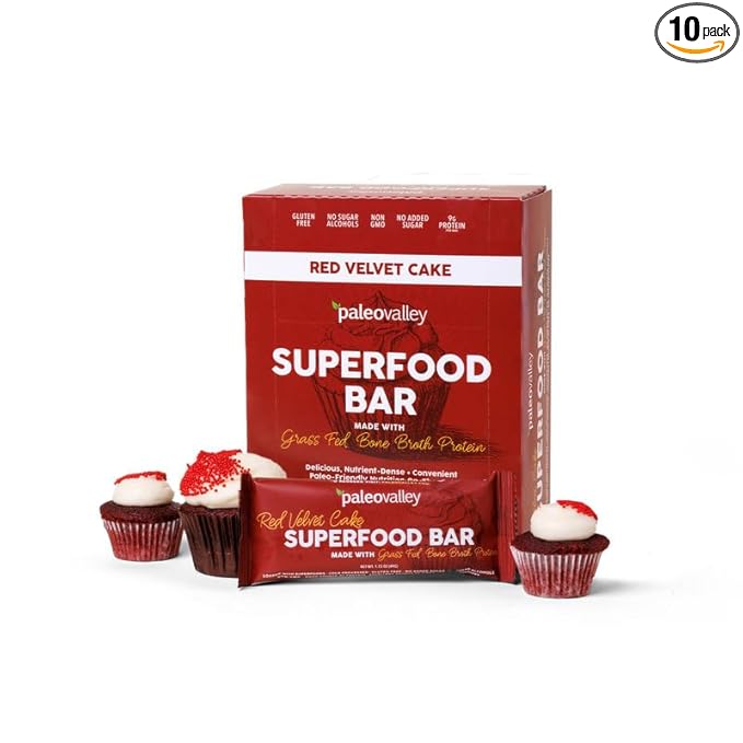 Paleovalley Superfood Bars – Red Velvet– 10 Pack – 9g Protein per Bar – Gluten-Free Grain-Free Paleo Non-GMO – On-the-Go Snack