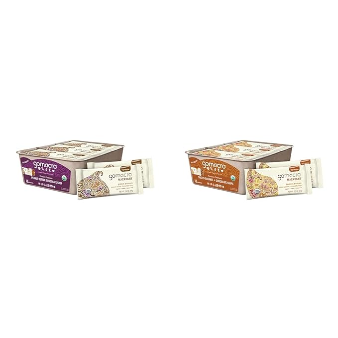 GoMacro MacroBar Organic Vegan Protein Bars Bundle- Peanut Butter Chocolate Chip (12 Count) &amp Salted Caramel + Chocolate Chips (12 Count)