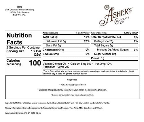 Asher's Chocolates Sugar Free Bars Diabetic Friendly Small Batches of Kosher Chocolate Family Owned Since 1892 Keto Chocolate (12 Bars Dark Chocolate)