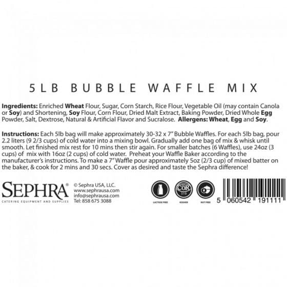 Sephra Bubble Waffle Mix 30lb case. Just add water to serve fun delicious Bubble Waffles for breakfast lunch and dinner! Nut Free and Kosher Dairy perfect for any occasion and treat.