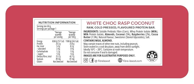 Fibre Boost Cold Pressed White Choc Raspberry Coconut flavoured Protein Bar