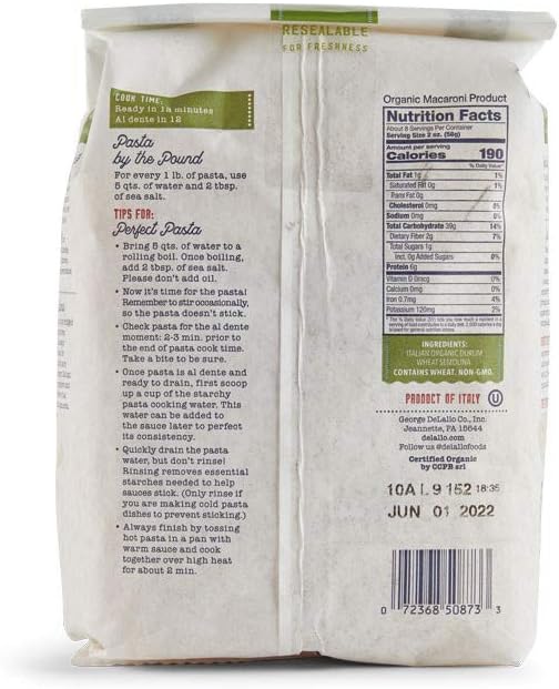 DeLallo Organic Rigatoni Pasta Made with 100% Semolina Durum Wheat Flour Bronze Cut Made in Italy Non-GMO Preservative Free Large Tube Pasta for Baked Dishes 1 Pound Bag (16 Pack)