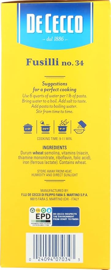 De Cecco Enriched Macaroni Fusilli Pasta 16 Ounce -- 20 per case.