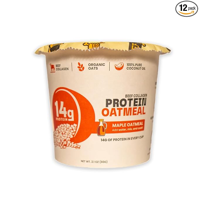 Beef Collagen Protein Oatmeal (12 Pack Maple) – 14g Protein Clean Ingredients No Dairy or Seed Oils – High Protein Breakfast for Athletes