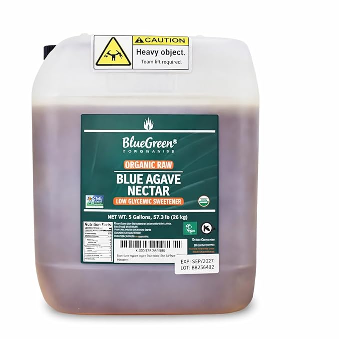 BLUE GREEN ORGANICS 57.3 lb Raw Blue Agave  5 Gallon Bulk Organic Sweetener  Low Glycemic Index Sugar Alternative for Coffee Tea &amp Smoothies  Unrefined &amp Plant-Based  Best Value for Home