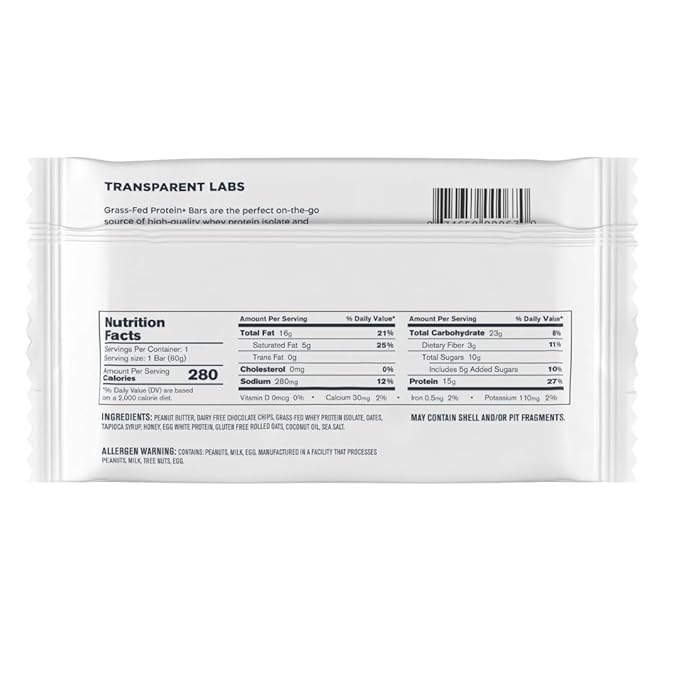 Transparent Labs Protein+ Bars - Whole-Food Protein Bars w/ 15g+ Grass-Fed Whey &amp Egg Whites Protein Natural Peanut &amp Almond Butter No Artificial Sweeteners - Peanut Butter Chocolate Chip 1