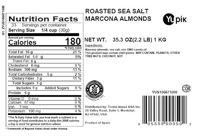 Yupik Roasted Sea Salted Marcona Almonds 2.2 lb (35.2 oz) Gluten-Free Vegan Kosher Whole Nuts Salted Skinless Blanched Seasoned Nuts with Sea Salt High in Fiber Savory Snacks