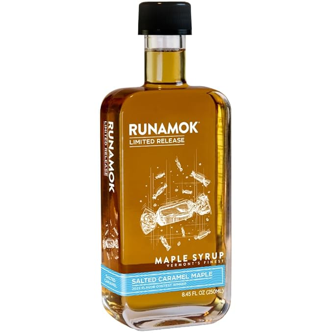 Runamok Maple Salted Caramel Maple Syrup - Authentic &amp Real Vermont Maple Syrup | Gluten Free &amp Natural Sweetener | Breakfast Coffee Pancakes Maple Syrup | 8.45 Fl Oz (250mL)