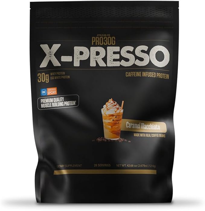 ATHLEAN-X PRO-30G Xpresso Premium Caffeinated Protein Powder Caramel Macchiato Gluten-Free Low Sugar 30g of High Protein Powder for Muscle Recovery &amp Growth NSF Certified for Sports