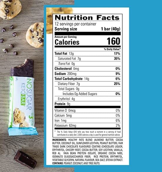 No Sugar Keto Bar Snack - Low Carb No Sugar Keto Snack Food with Keto Friendly Macros (24 x 1.41oz Bars Chocolate Chip Cookie Dough)