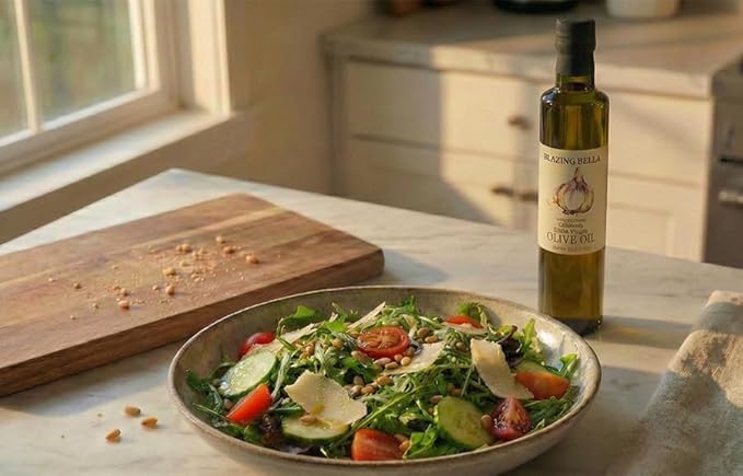 Blazing Bella Garlic Infused Extra Virgin Olive Oil - Rich Fresh Garlic Flavor Cold Pressed California Olive Oil Perfect for Pasta Vegetables Bread and Everyday Cooking - 16.9 fl oz (500ml)