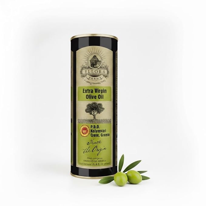 Ellora Farms Certified Extra Virgin Olive Oil Single Estate PDO Crete Traceable Greek EVOO Greece High in Phenols Kosher 16.9 Fl Oz Tin