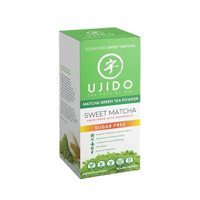 Ujido Matcha Green Tea Powder - Sweetened with Japanese Monk Fruit - Sugar Free (20g x 10 packets)