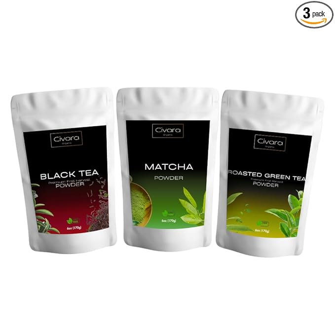 Civara Organic Tea Powder Trio – Black Tea Matcha &amp Roasted Green Tea (6oz Each) | USDA Organic Non-GMO Vegan | No Sugar or Additives | Great for Lattes Smoothies &amp Recipes – Choose Your F