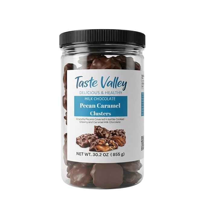 Taste Valley Milk Chocolate Pecan Caramel Clusters – 30 oz Bulk Jar | Gourmet Turtle Candy | Kettle-Cooked Caramel | Holiday Gift | Office Sharing | Sweet Crunchy Indulgence