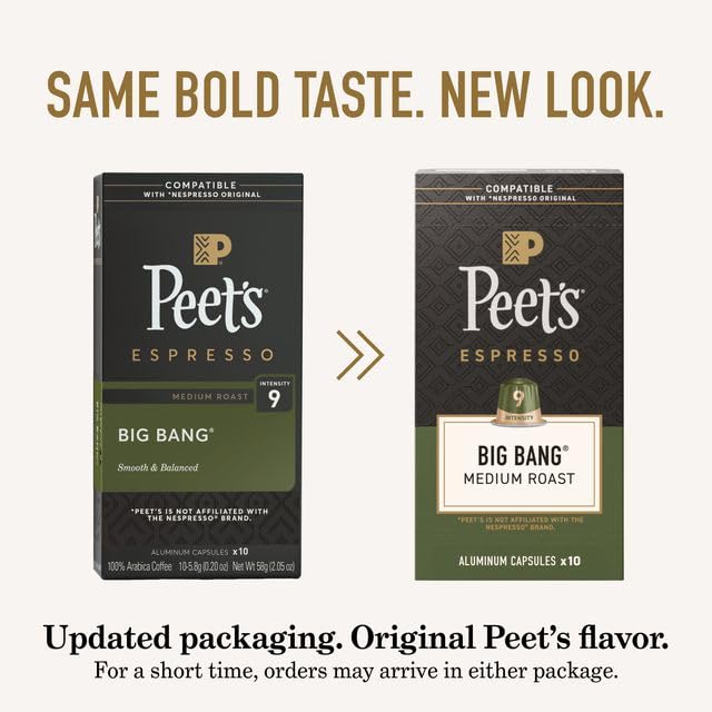 Peet's Coffee Medium Roast Espresso Capsules Compatible with Nespresso Original Machines 100% Arabica Coffee - Big Bang Intensity 9 50 Count (5 Boxes of 10 Espresso Capsules)