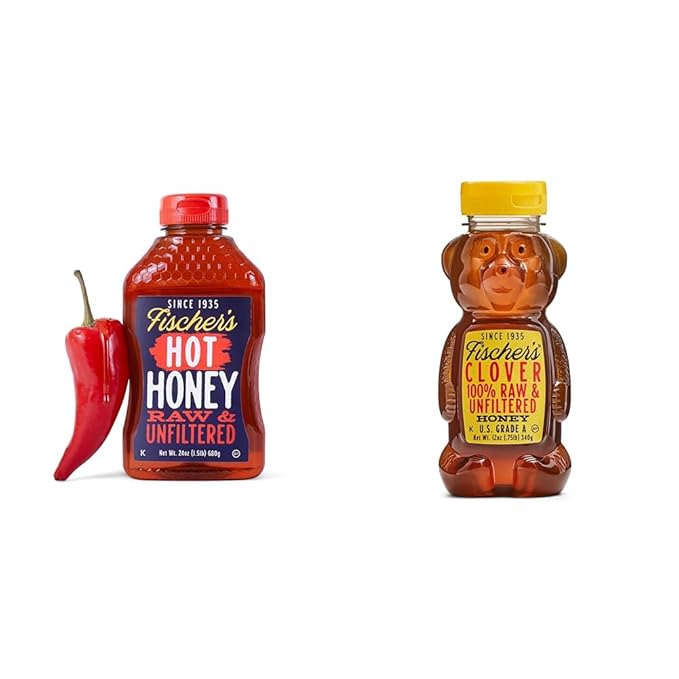 Fischer's Hot &amp Clover Honey (24 &amp 12 Oz Family Pack) – 100% Pure Raw &amp Unfiltered Honey – Rich Flavor Profile Packed with Nutrients